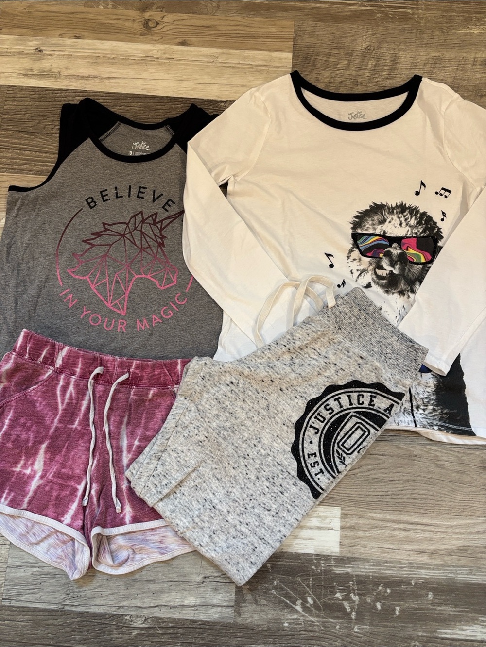 Justice Bundle long sleeves graphic, gray top, shorts and sweatpants